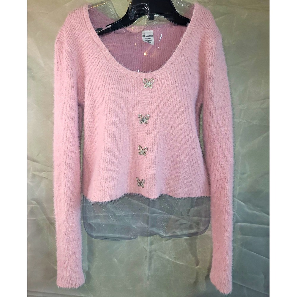 No Boundaries Pink Knit Scoop Neck Pullover Sweater Womens XL Butterfly
